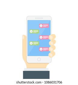 Notification about the instant message on a smartphone in a hand. The concept of chatting in messenger. SMS bubbles on mobile phone screen. Flat style. Vector illustration.