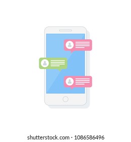 Notification about the instant message on a smartphone. The concept of chatting in messenger. SMS bubbles on mobile phone screen. Flat style. Vector illustration.