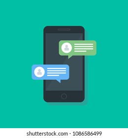 Notification about the instant message on a smartphone. The concept of chatting in messenger. SMS bubbles on mobile phone screen. Flat style. Vector illustration.