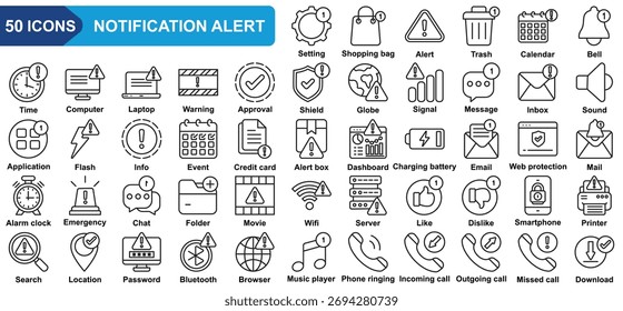 Conjunto de iconos de colección de alertas de notificación. Ajuste, Bolsa de compras, Alerta, Papelera, Calendario, Campana, Hora. Vector de línea simple.