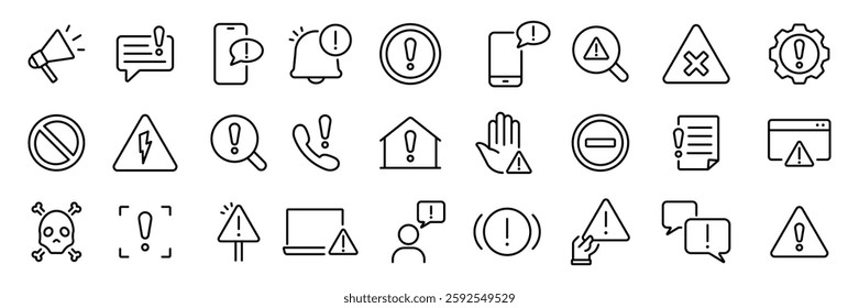 Notification, alert icons set. Warning, attention, risk outline symbols, icons. Problem, caution notification signs. Vector icons, signs, symbols