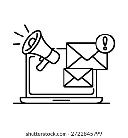 Alerta de notificación en la computadora portátil con correo electrónico y megáfono