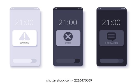 Notification Alert Popup Messages For Mobile App Design. Warning, Error And Info Notifications With Text And Icons. Vector Ui And Ux Elements With Phone Template