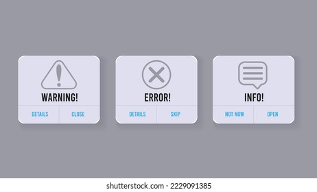 Mensajes emergentes de alerta de notificación para el diseño de aplicaciones móviles. Notificaciones de advertencia, error e información con texto e iconos. Elementos vectores ui y ux