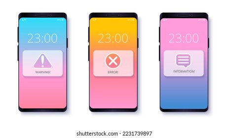 Notification alert popup messages for mobile app design. Warning, Error and Info notifications with text and colorful Icons and  modern gradient background. Vector ui andelements with phone template