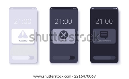 Notification alert popup messages for mobile app design. Warning, Error and Info notifications with text and Icons. Vector ui and ux elements with phone template
