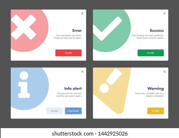 Notification Alert Popup Messages For Web Design. Success, Warning, Error, Info Message Ui Ux Material Flat 404 