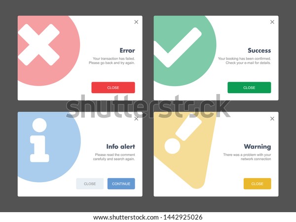 ウェブデザインの通知警告ポップアップメッセージ 成功 警告 エラー 情報メッセージuiマテリアルフラット404 のベクター画像素材 ロイヤリティフリー