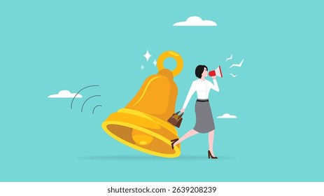 notification or announcement, Follow up customers on online business with notification to achieve sales targets, woman using megaphone standing next to big notification bell concept illustration