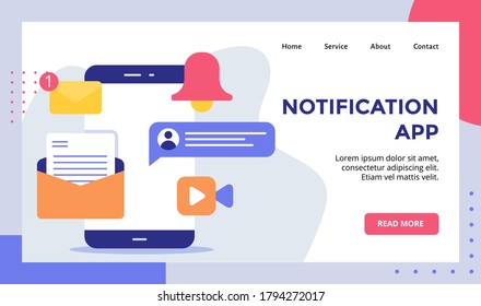 Benachrichtigungsapp-E-Mail-Chat-Video-Glocke auf Smartphone-Kampagne für Startseite-Startseite-Startseite-Startseite-Banner mit modernem Flachstil