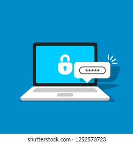 Notification with authorization form on screen laptop. Lock and password on screen computer. Private access to documents. Vector illustration in flat style.