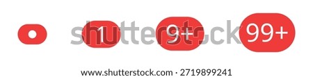 Notification badge icon set with message counters 1, 9 plus and 99 plus. Red rounded app alert bubbles for unread updates. Flat vector UI elements for mobile app and web interface.
