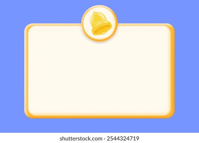 Anuncio de notificación con un icono de campana amarilla 3D en un tablero de mensajes en blanco. alertas, recordatorios y anuncios, Ilustración vectorial