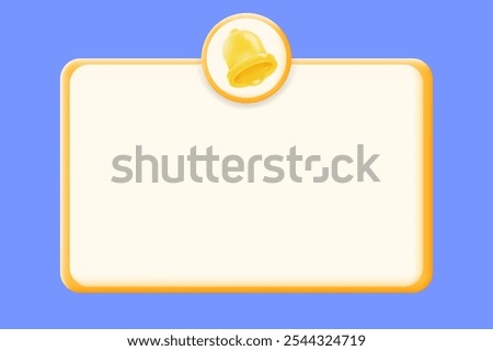 Notification banner with a 3d yellow bell icon on a blank message board. alerts, reminders, and announcements, vector illustration