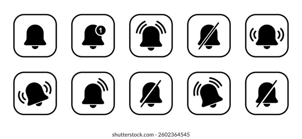 Notification bell, alarm, reminder icon set collection on square line