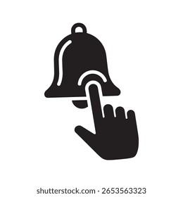 Benachrichtigungsglocken-Warnsymbol mit einem Handzeiger, der auf eine Abonnementerinnerung klickt, oder einem wichtigen Meldungsalarm für den Benutzeraufmerksamkeitsvektor, Symbol für eine durchgezogene Glyphe