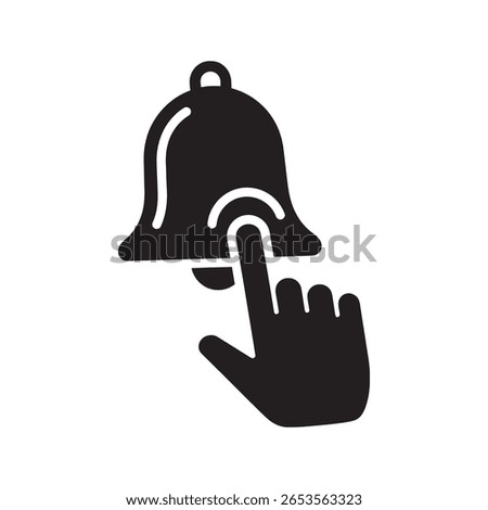 Notification bell alert icon with a hand pointer clicking for a subscription reminder or an important message alarm for user attention vector solid glyph icon