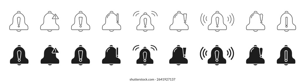 Notification Bell Alert Icon Set. Warning, Reminder, And Alarm Symbol Collection. Exclamation Mark And Vibration Indicators. Isolated Vector Illustration.