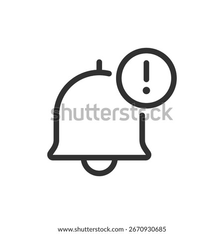 Notification bell with alert, linear icon. System warning or app notification. Line with editable stroke.