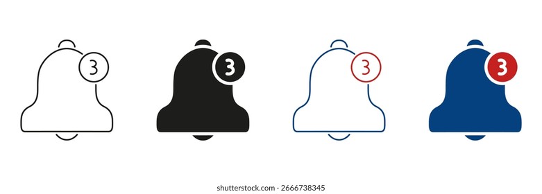 Notification Bell With Alert Number Line And Solid Icon Set. Reminder And Alert System Symbol Collection. Communication And Update Notification Design. Isolated Vector Illustration.