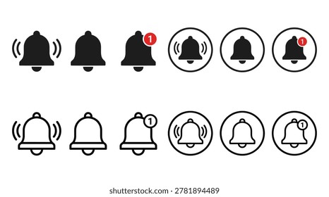 Notification bell alert symbol collection, minimal flat and outline interface symbols, updates, alerts, news, and reminders