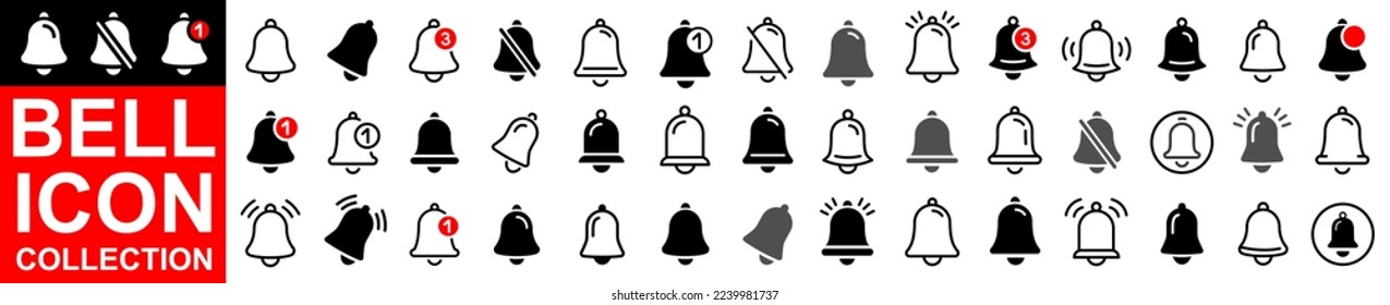 Notification bell big icon set. Notice message. Alarm symbol.Incoming inbox message. New message notofication icons. Set of ringing bells with new notification. Vector illustration.