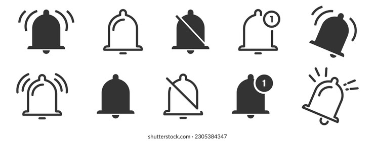 Juego de iconos grandes de timbre de notificación. Aviso. Símbolo de alarma. Sonando campanas. Ilustración vectorial.