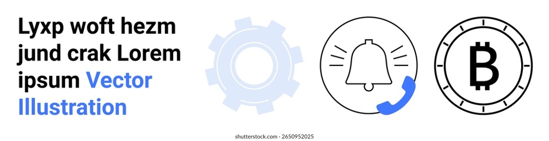 Campainha de notificação, ícone Bitcoin, símbolo de engrenagem, ícone de chamada com detalhe azul e texto de espaço reservado. Ideal para tecnologia, finanças, alertas, serviço, notificações, criptomoeda e comunicação