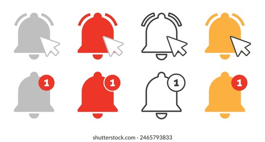 Notification bell click icon illustration set. Mouse cursor clicking to turn notification alerts on. Vector graphic element collection. 