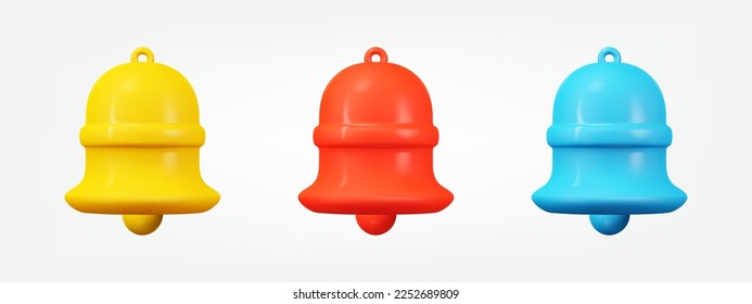 Juego de iconos 3d coloridos de timbre de notificación. ilustración del vector de campana realista. colección de elementos de diseño en dibujos animados estilo mínimo 