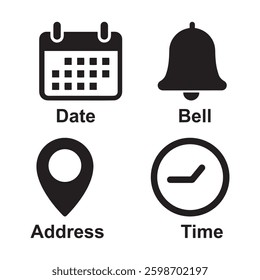 Notification bell, date, address, time icon set. editable stoke eps 10.