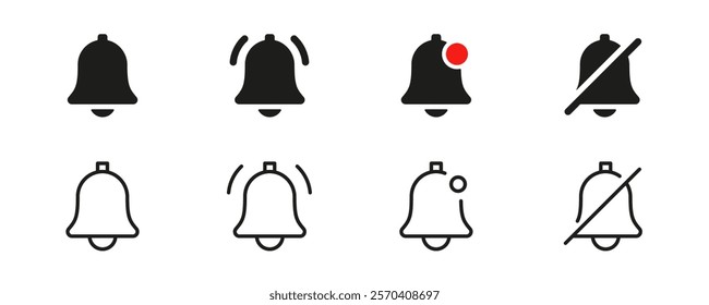 Notification bell flat and line icon set. Mobile, user interface, alarm, ringing bells, reminders, incoming inbox messages,  Mute, Notice, web, website outline icon set. UI fills bold icon design