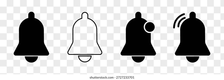 Benachrichtigungsglocke flach und Zeilensymbol gesetzt. Mobile, Benutzeroberfläche, Alarm, Klingelzeichen Symbol, Erinnerungen, eingehende Posteingangsnachrichten, Stumm, Hinweis, Web, Website-Gliederungssymbol. Glockensymbol auf PNG-Hintergrund. EPS-10.