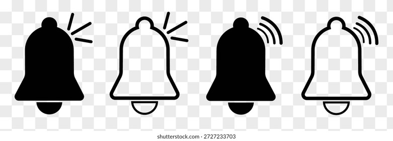Campana de notificación plana y conjunto de iconos de línea. Móvil, interfaz de usuario, alarma, icono de campanas, recordatorios, mensajes entrantes de la bandeja de entrada, Silencio, Aviso, Web, conjunto de iconos de contorno de Sitio web. Icono de campana en fondo PNG. EPS-10.