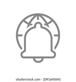 Notification bell and globe Earth line icon. World notification, inbox message symbol