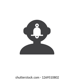 Notification bell in human head vector icon. filled flat sign for mobile concept and web design. Human mind reminder simple solid icon. Symbol, logo illustration. Pixel perfect vector graphics
