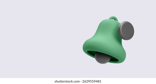 Icono de Bell en estilo de dibujos animados 3D con Colores suaves verdes y grises. Perfecto para conceptos de alerta, recordatorio o interfaz. Ilustración vectorial.