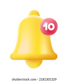 Notification bell icon 3d isolated on white background. 3d render yellow ringing bell with new notification for social media reminder. Realistic vector icon

