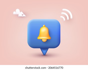 Notification Bell Icon. 3d Render Yellow Ringing Bell With New Notification For Social Media Reminder. 3D Web Vector Illustrations.