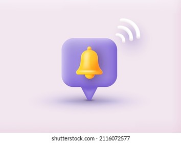 Notification bell icon. 3d render yellow ringing bell with new notification for social media reminder. 3D Web Vector Illustrations.