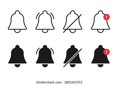 Campana de notificación. Icono para la aplicación. Iconos de alerta o silenciamiento. Signos planos y lineales. Colección de vectores.
