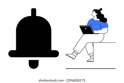 Notification bell icon beside a person sitting with a laptop. Ideal for digital communication, online notifications, productivity, remote work, digital prompts, message alerts, user interface