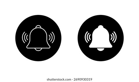 Icono de campana de notificación en círculo negro. Símbolo de alerta y recordatorio
