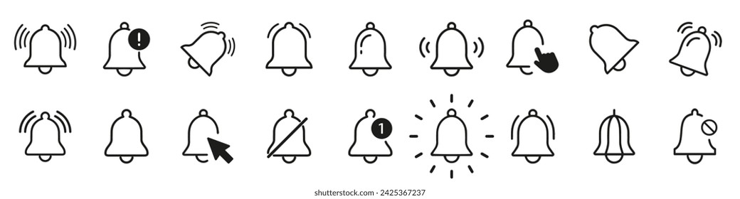 Notification bell icon. Black line notification bell icons collection. Set of line bell message