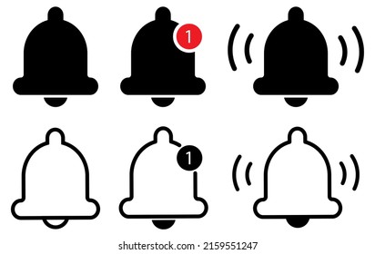 Colección de iconos de timbre de notificación. Símbolo de alarma. Mensaje entrante de la bandeja de entrada.  Elemento de medios sociales. Estilo de arte plano y lineal. Señales del vector aisladas en fondo blanco