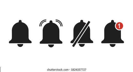 Notification bell icon flat style for incoming inbox message. Vector ringing bell, mute sound and notification number sign for alarm clock and smartphone application alert vector illustration 