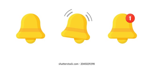 Notification bell icon. The golden bell is shaking. The bell is announcing a new notification. Vector illustration.