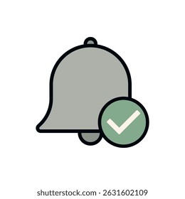 Icono de campana de notificación con marca de verificación verde en estilo plano sobre fondo blanco