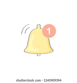 Notification bell icon for incoming inbox message. Yellow jingle, alert with red notification number sign for alarm clock and smartphone application alert. Flat outline vector