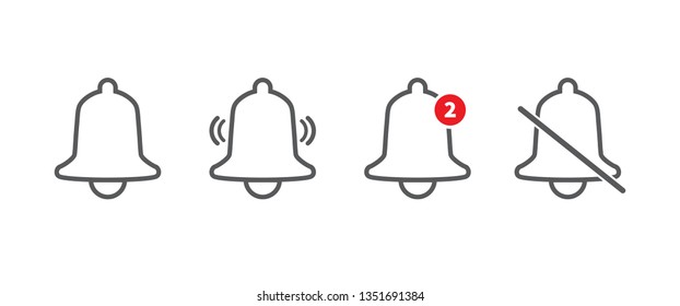 Notification bell icon. Incoming inbox message. Alarm icon. Silent notification icon. Alarm off. Vector illustration